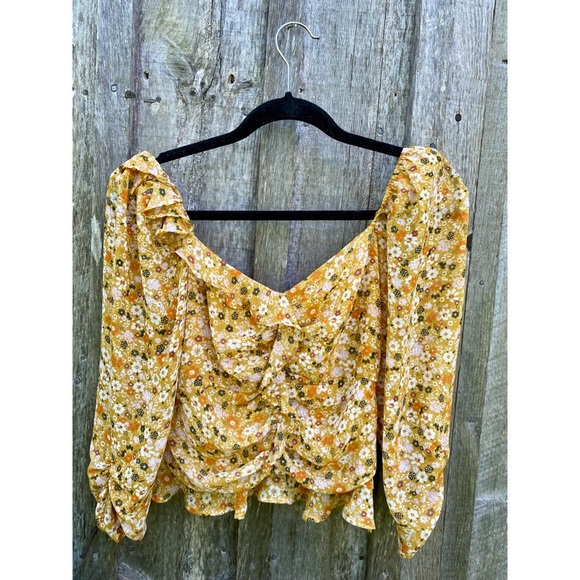 ASTR the label ruched sleeve sweetheart top mustard orange floral blouse small - Picture 4 of 11